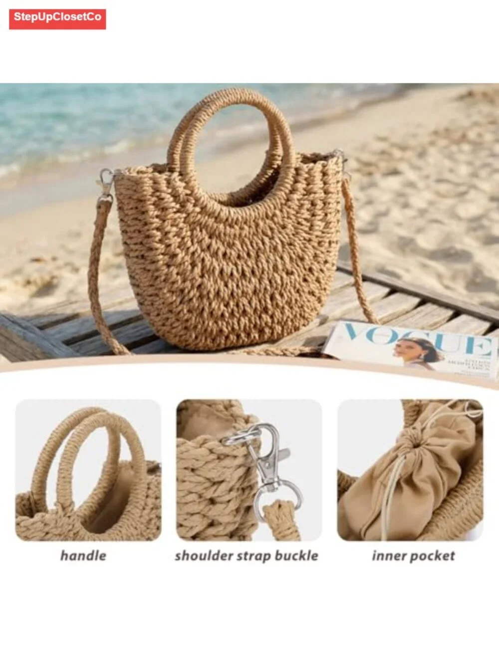 Straw Crochet Hobo Bag Handmade Woven Half Moon Shoulder Tote Summer Beach